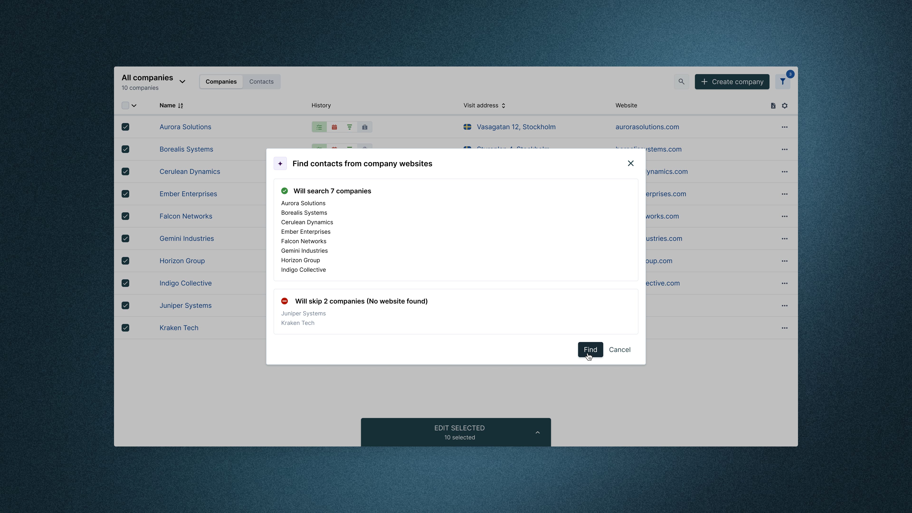 Prospecting agent on company & contact page