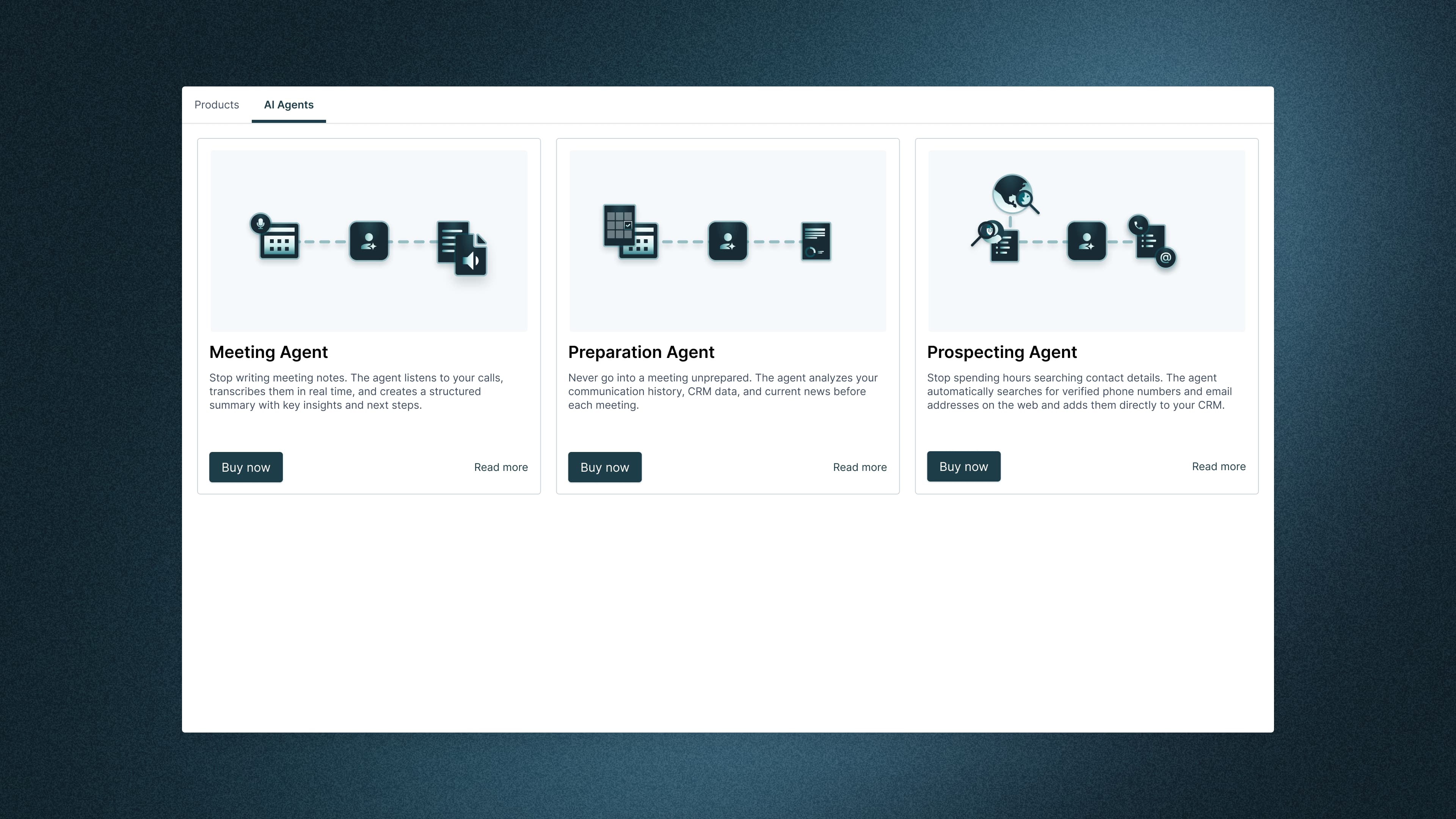 Three prebuilt AI agent cards