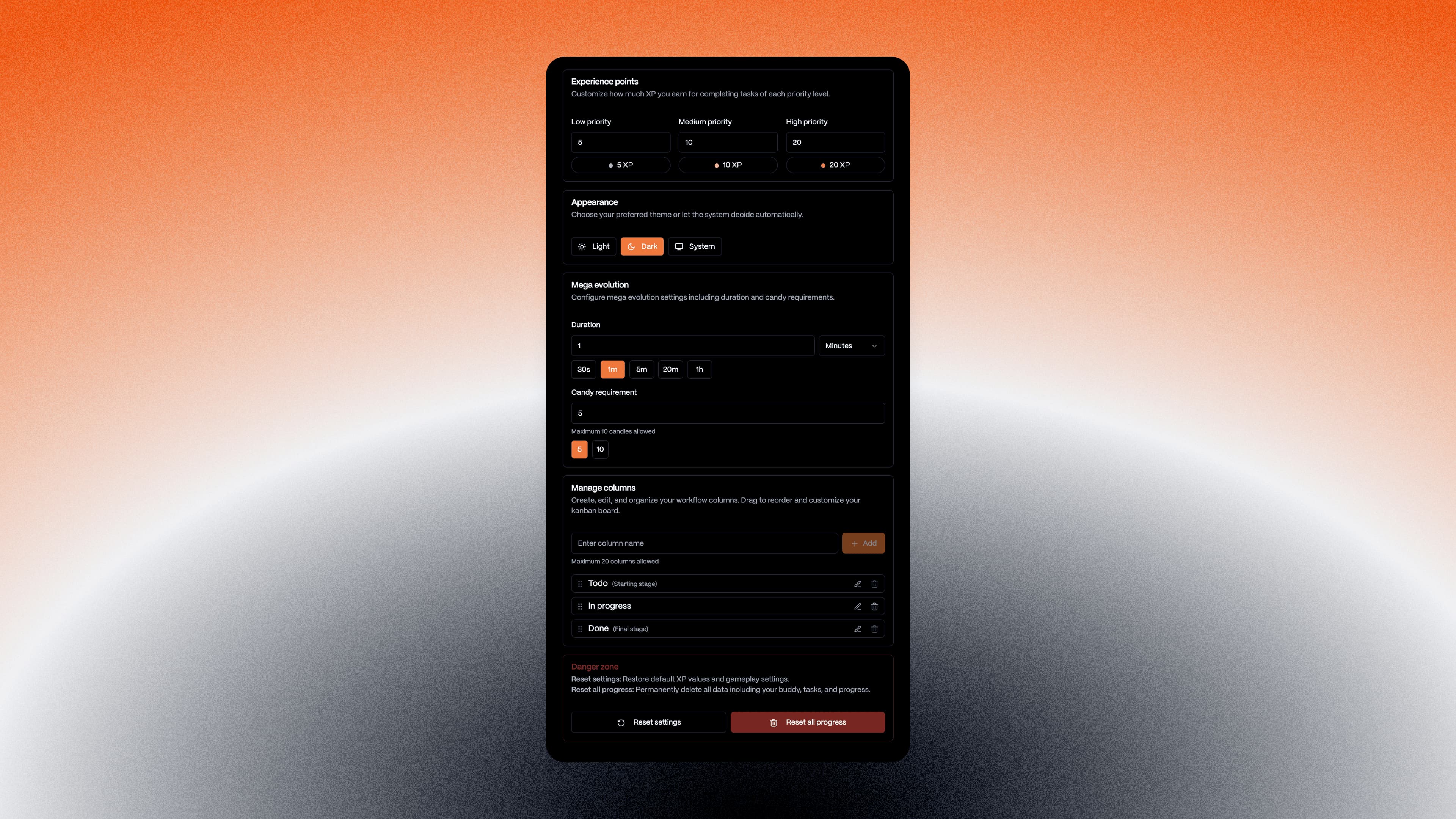 Poké Quest settings page